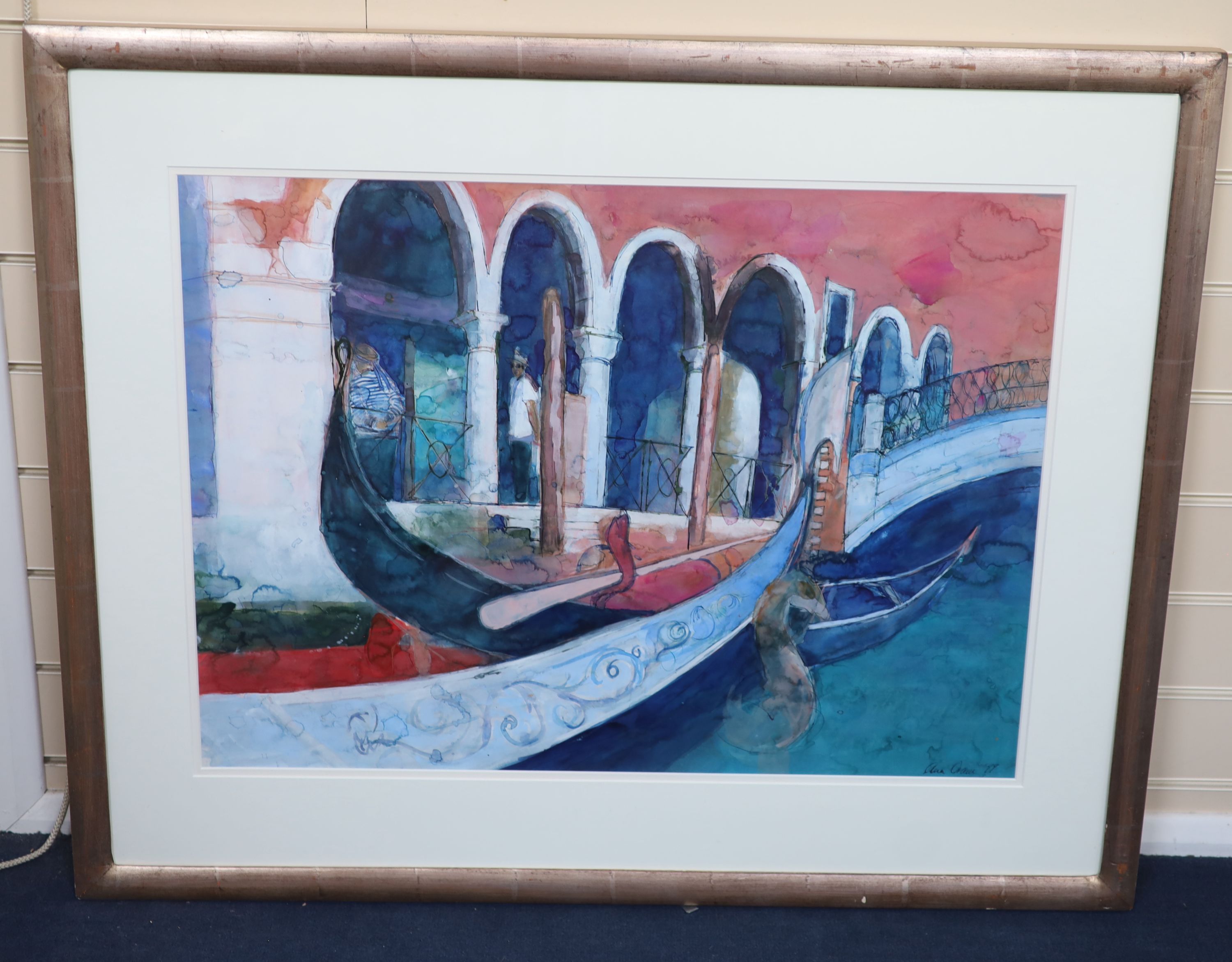 Ann Oram (b.1956), mixed media on paper, Venetian Gondoliers, signed and dated '99, The Scottish Gallery label verso, 53 x 73cm